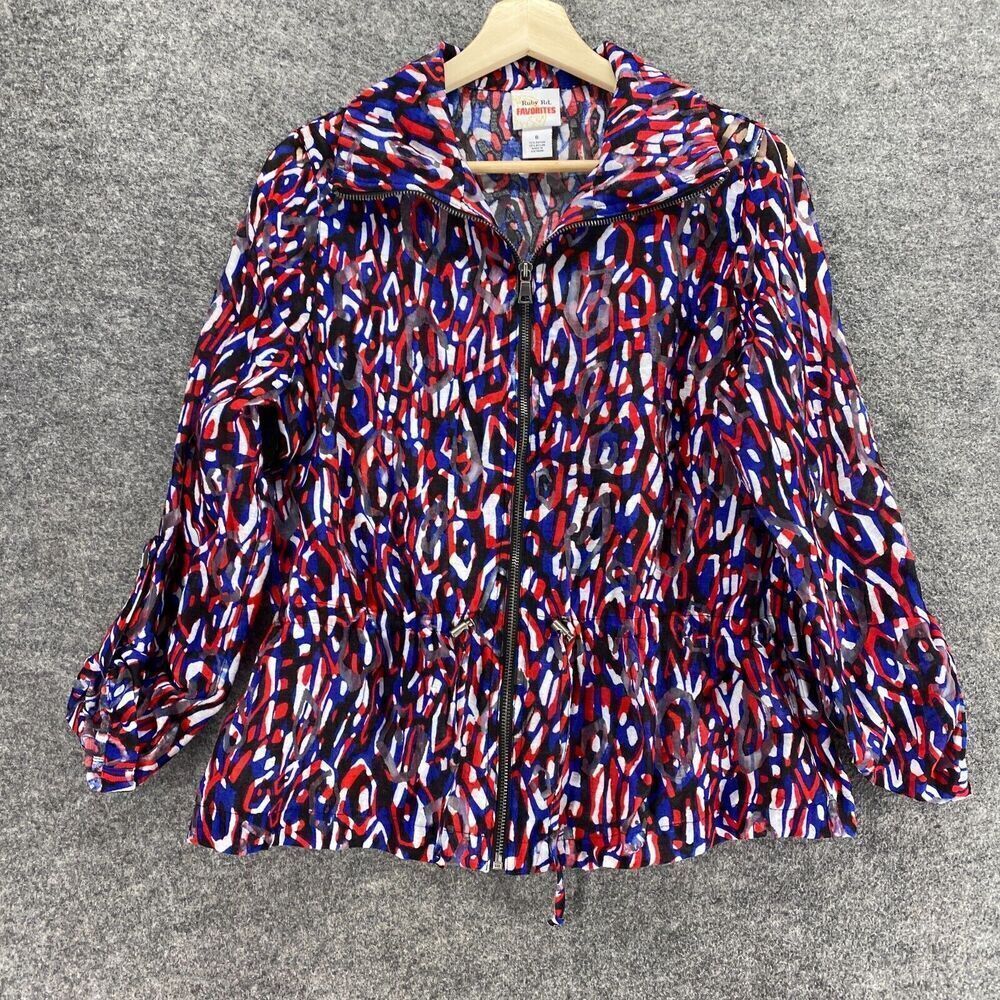 Ruby Rd. Jacket Women 8 Blue Geometric Full Zip Collared Long Sleeve Casual